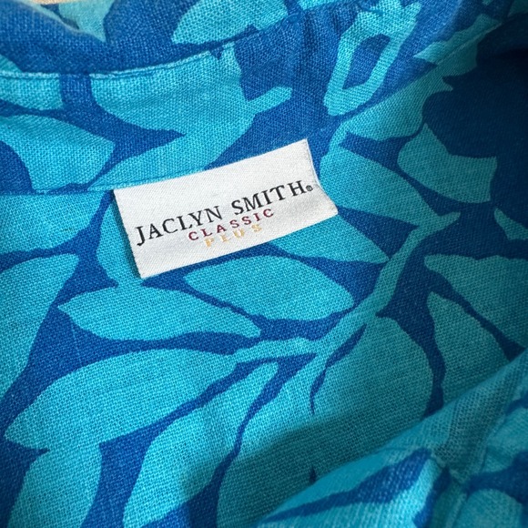 Jaclyn Smith Plus Blue Floral Coastal Beachy Button Down Shirt linen vacation - Picture 6 of 7